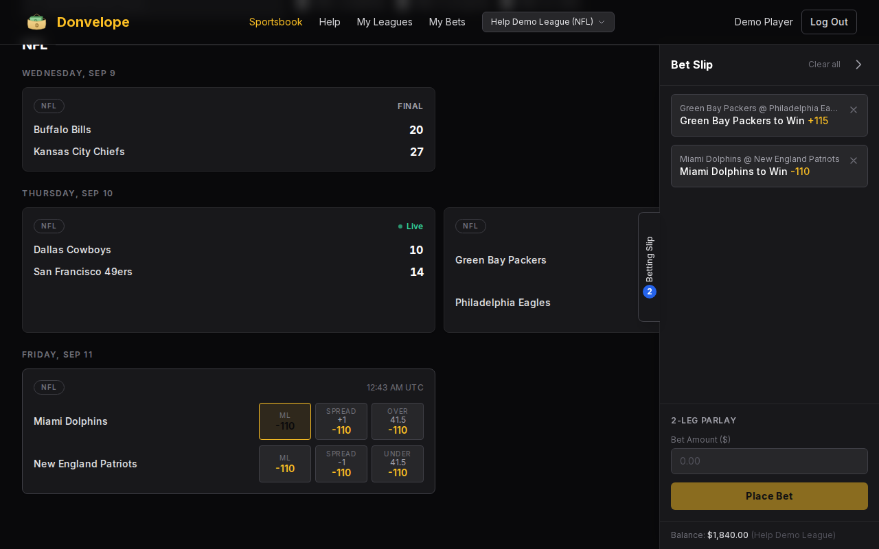 Bet slip with a two-leg parlay assembled, showing locked odds and potential payout