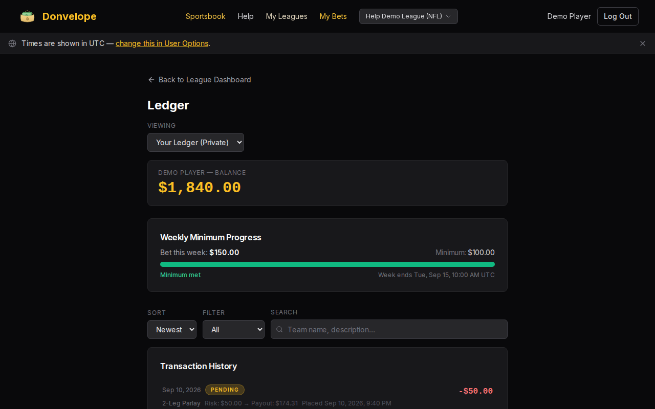 Private ledger view showing settled bets and the Weekly Minimum Progress card