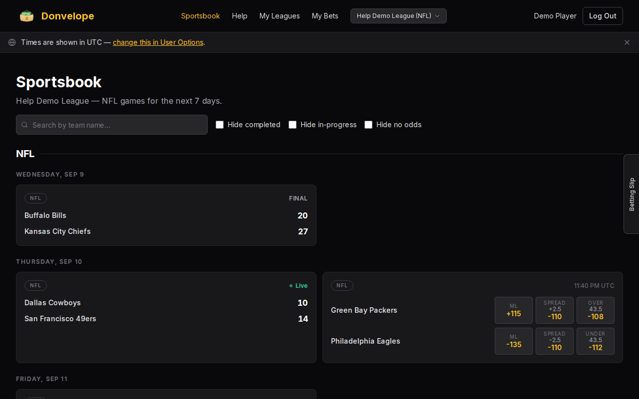 Sportsbook game list showing scheduled, in-progress, and final games with moneyline, spread, and total odds