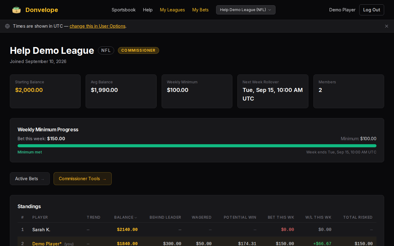 League standings table showing live rank, adjusted balance, and elimination status for each member
